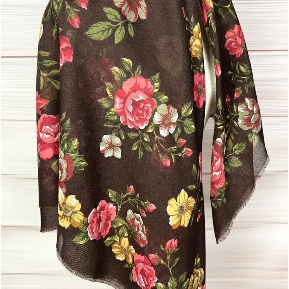 Large Square Brown Floral Roses Scarf Shawl Wrap 46x46